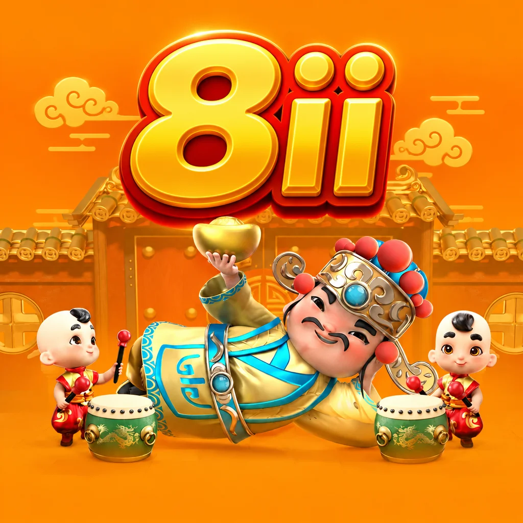 8ii Fortune Gods menampilkan karakter dewa kemakmuran memegang mangkuk emas bersama dua anak kecil penabuh drum.