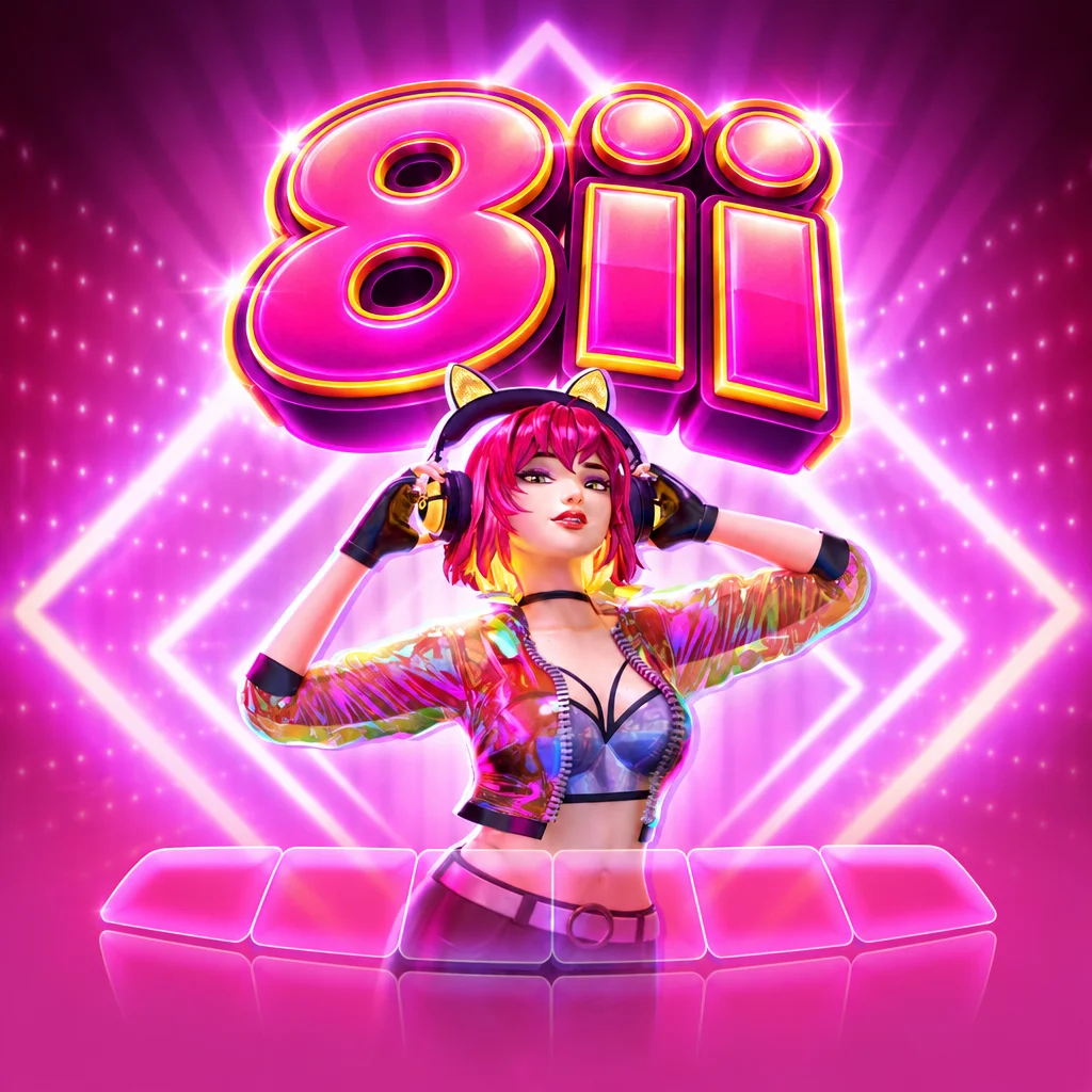 8ii Rave Party Fever menampilkan karakter DJ wanita berambut merah muda dengan headphone dan efek lampu neon futuristik.